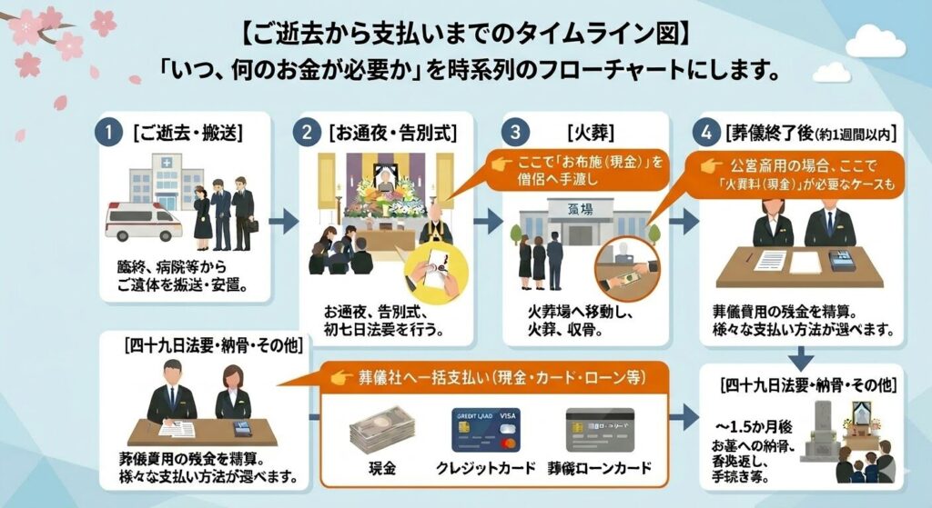 ▶︎ 追加する図解：【ご逝去から支払いまでのタイムライン図】
「いつ、何のお金が必要か」を時系列のフローチャートにします。

[ご逝去・搬送]
⬇︎
[お通夜・告別式] 👈 ここで「お布施（現金）」を僧侶へ手渡し
⬇︎
[火葬] 👈 公営斎場の場合、ここで「火葬料（現金）」が必要なケースも
⬇︎
[葬儀終了後（約1週間以内）] 👈 葬儀社へ一括支払い（現金・カード・ローン等）