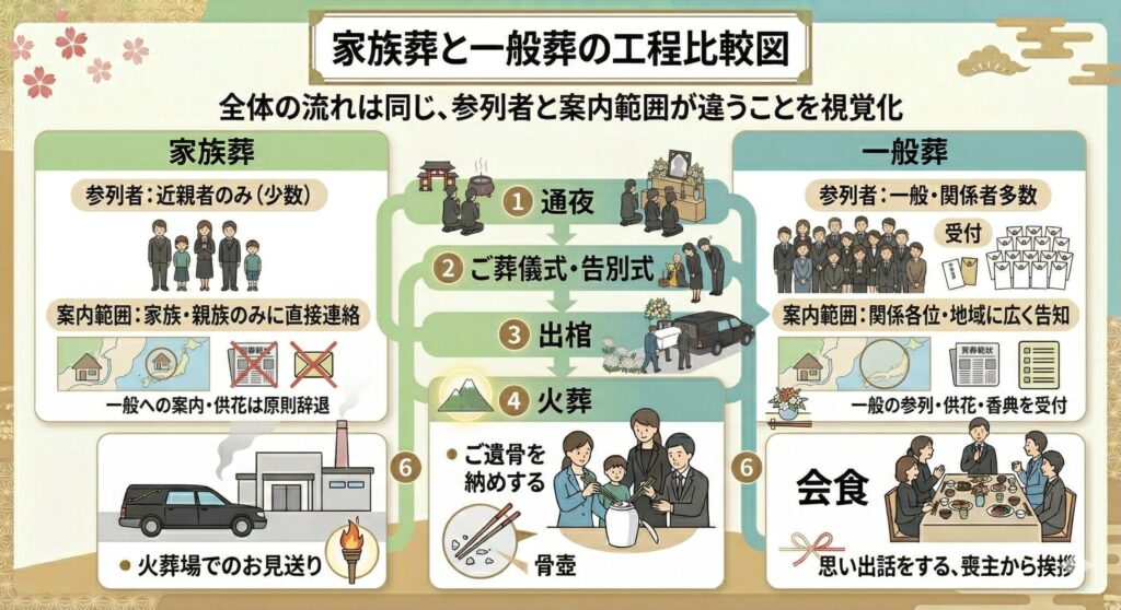 家族葬と一般葬の工程比較図