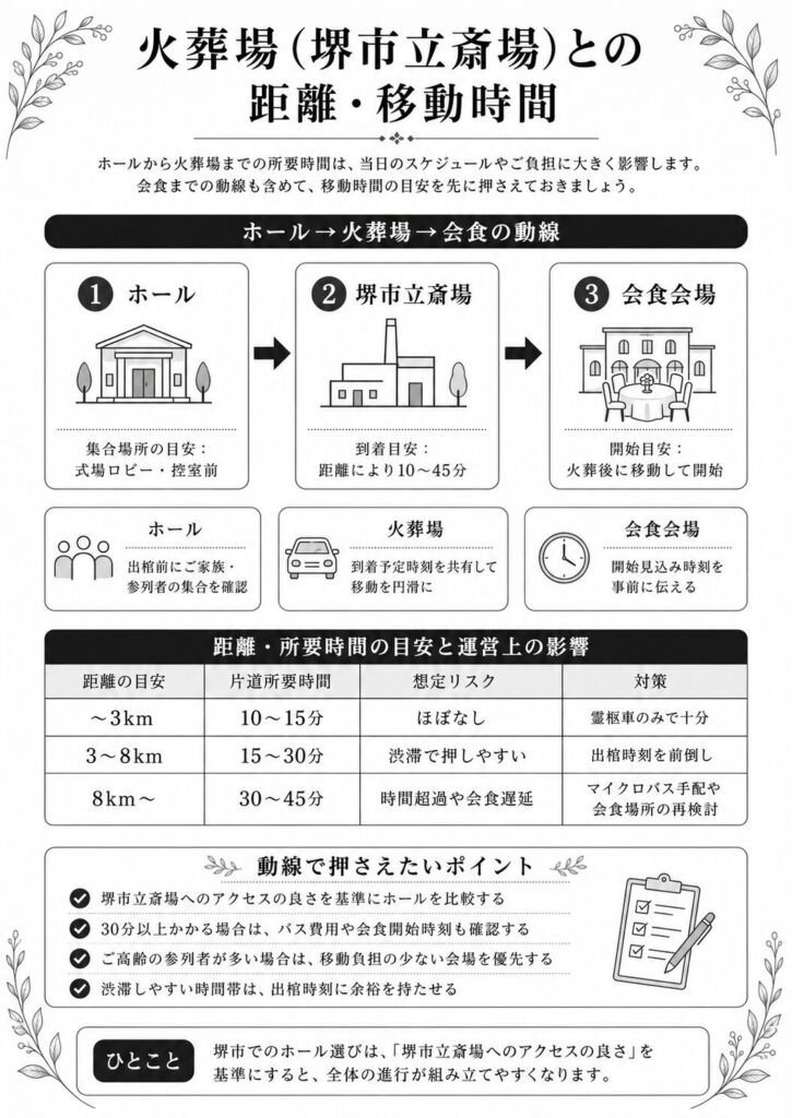 ホール→火葬場→会食の動線と所要時間をフローチャート化し、集合場所と時刻の目安を可視化。