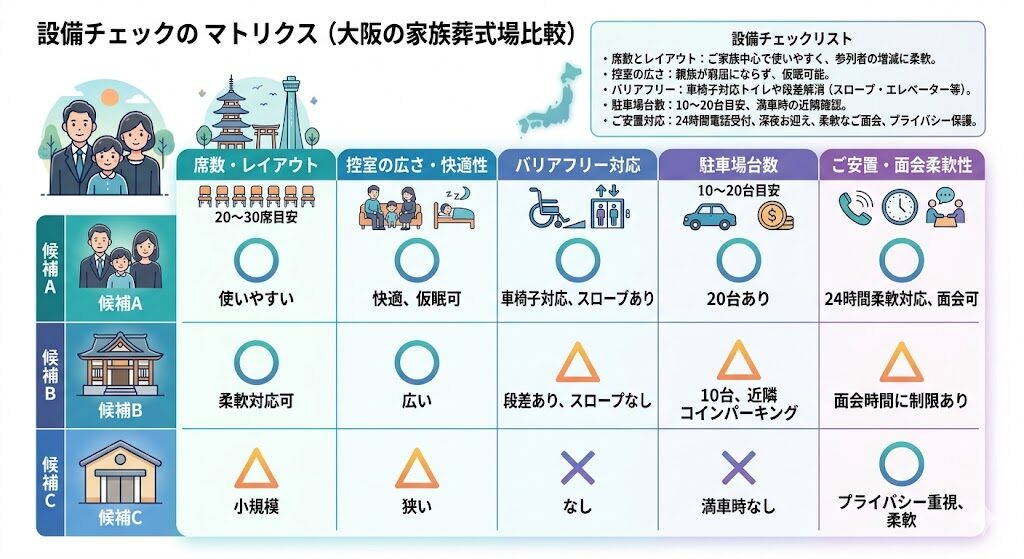 設備チェックのマトリクス（横軸＝席数/控室/駐車場/バリアフリー/音響、縦軸＝候補A・B・Cを◯△×で比較）
