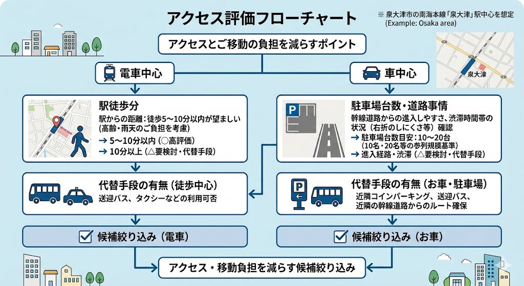 アクセス評価フローチャート（電車中心 or 車中心 → 駅徒歩分 or 駐車場台数 → 代替手段の有無 → 候補絞り込み）
