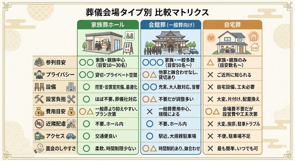 家族葬ホール/会館葬(一般葬向け)/自宅葬の「参列目安」「プライバシー」「設備」「設営負担」「費用目安」「近隣配慮」「アクセス」「面会のしやすさ」を横並びで比較