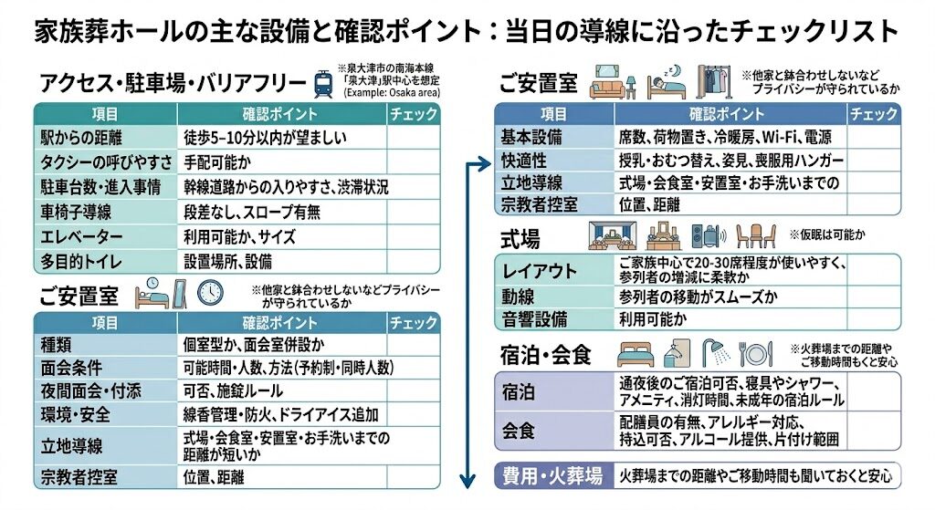 安置室/控室/式場/アクセス/宿泊・会食の確認項目を、当日の導線に沿った表形式で整理