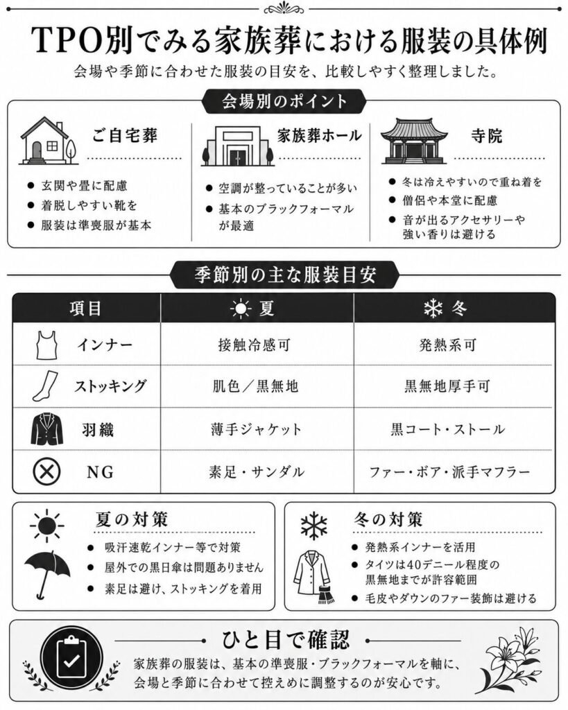 目的 季節別の可否を一目で把握　形式 比較表（モノトーン配色）
