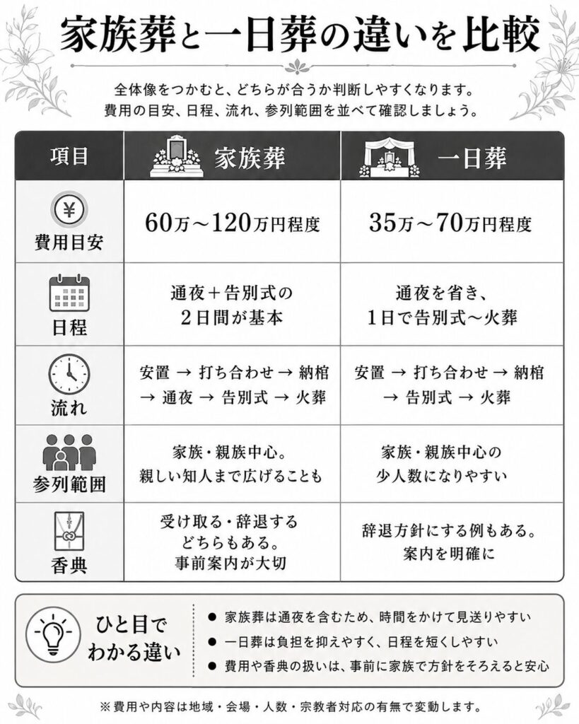 目的：家族葬と一日葬の「費用・流れ・時間・参列範囲」を一目で把握
構成：行に項目（費用目安、日程、流れ、参列範囲、香典）、列に「家族葬」「一日葬」