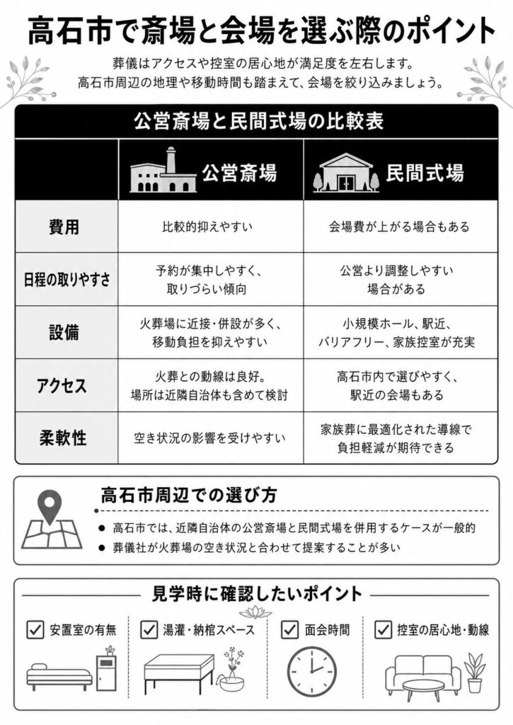 公営斎場と民間式場の比較表：費用、日程の取りやすさ、設備、アクセス、柔軟性
