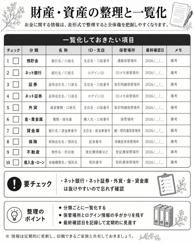 財産や資産などお金に関することは、表形式にすると全体が一目で把握できます。
※ここに図解を挿入(一覧表/チェックリスト)
項目例:分類/名称/ID・支店/保管場所/最終確認日/メモ
ネット銀行・ネット証券・外貨・金・貸金庫は抜けやすいので要チェックです。