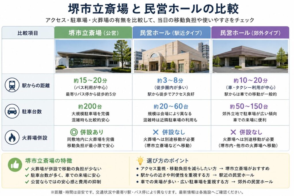 堺市立斎場と民営ホールの「駅からの距離／駐車台数／火葬場併設」の比較表