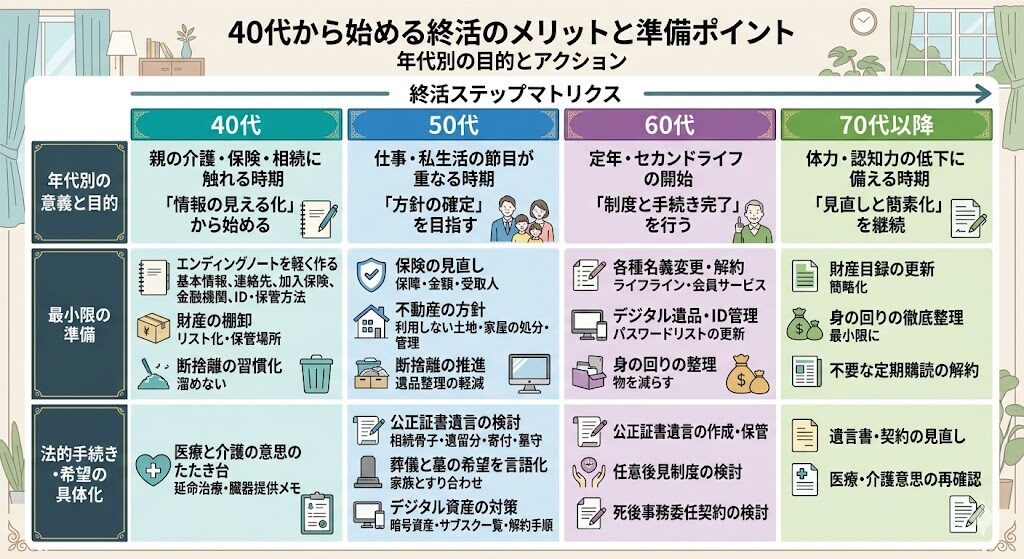 図の目的:比較・分類
内容:40代「情報の見える化」→50代「方針の確定」→60代「制度と手続き完了」→70代以降「見直しと簡素化」をマトリクス化