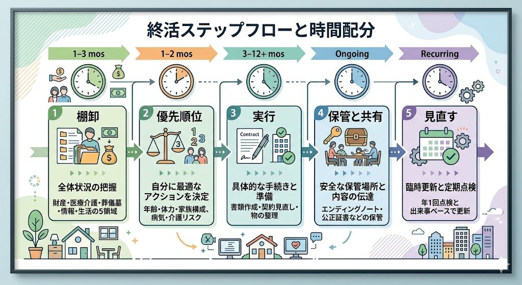 図の目的:ステップの流れ
内容:「棚卸→優先順位→実行→保管→見直し」をフローチャート化。各工程の所要時間目安付き