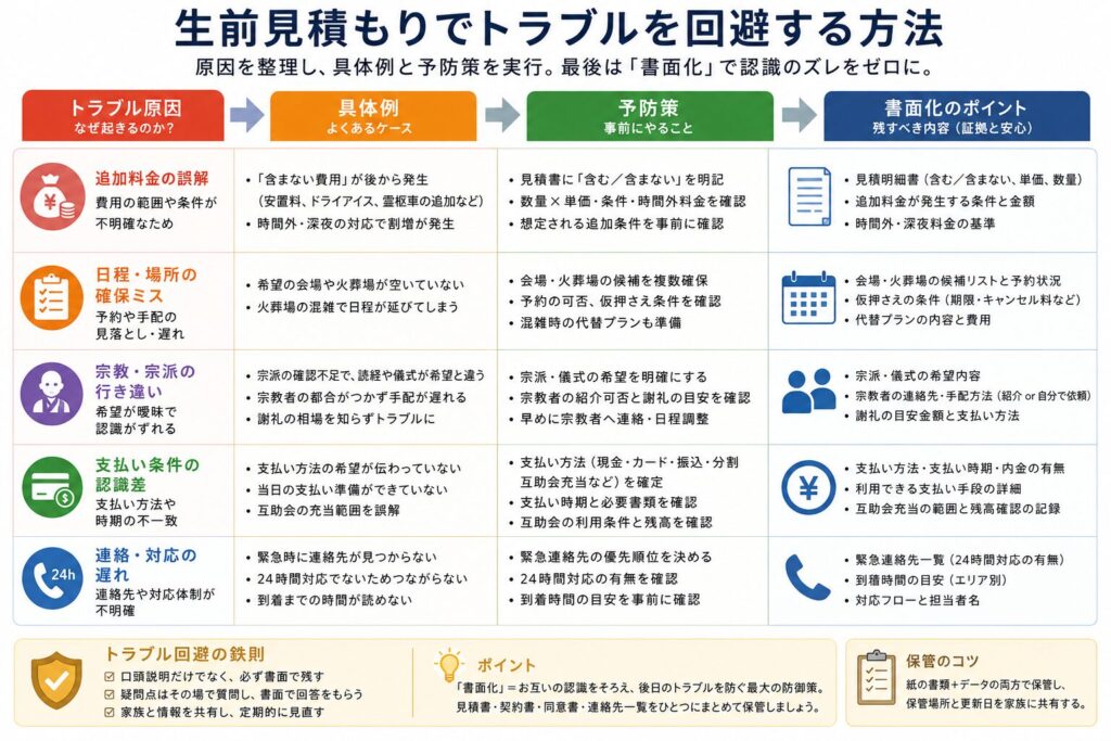 トラブル原因 → 具体例 → 予防策 → 書面化