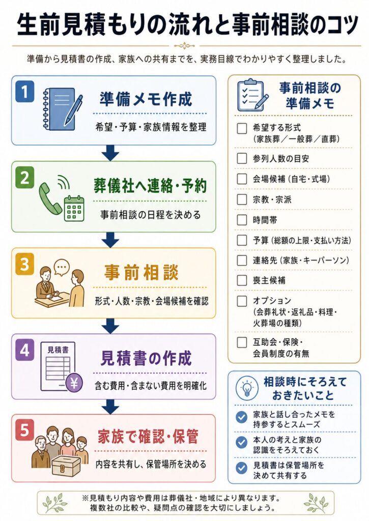 生前見積もりの流れと事前相談のコツ準備メモ作成 → 葬儀社へ連絡・予約 → 事前相談 → 見積書の作成 → 家族で確認・保管