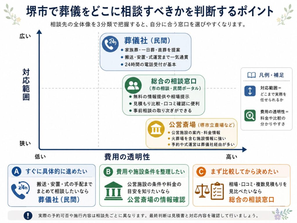 堺市で葬儀をどこに相談すべきかを判断するポイント（比較・分類）：縦軸＝対応範囲、横軸＝費用の透明性。3分類の位置関係