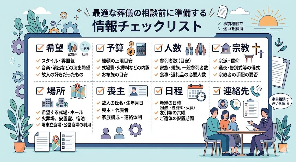 相談前に準備する情報チェックリスト（チェックリスト）：希望／予算／人数／宗教／場所／喪主／日程／連絡先