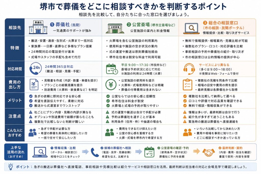 葬儀の相談先の種類と選び方（比較・分類）：相談先ごとの特徴／対応時間／費用の出し方／メリット・注意点