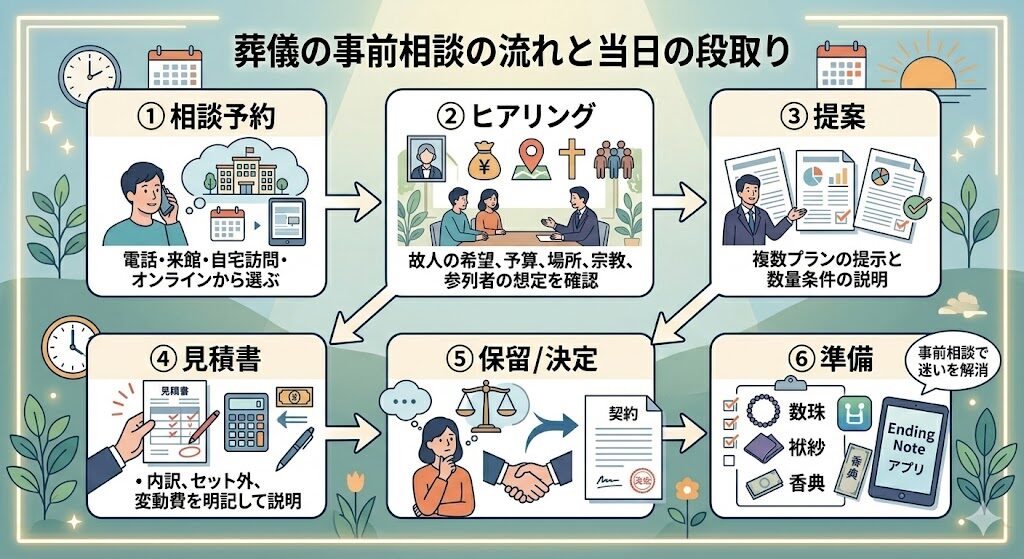※ここに図解を挿入(ステップの流れ):予約→ヒアリング→提案→見積もり→保留/決定→準備