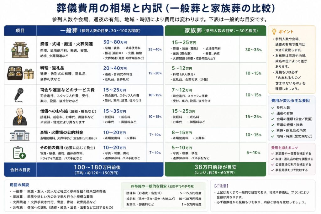 一般葬と家族葬の費用内訳とレンジ