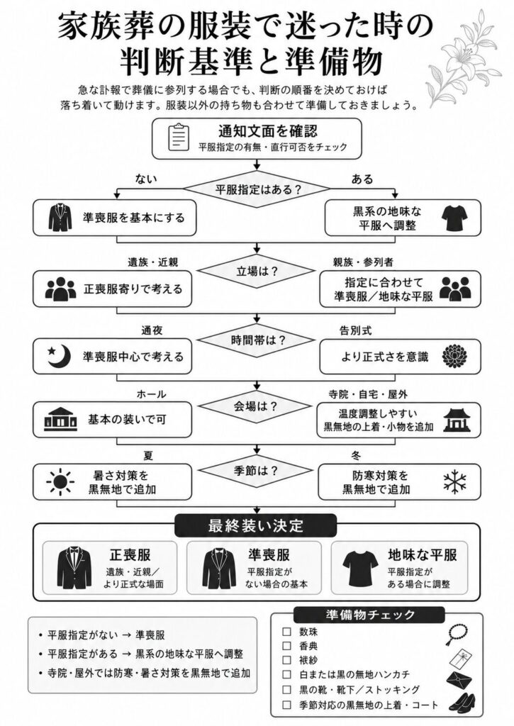 目的 平服指定や直行可否などの分岐を即断  
形式 フローチャート  
構成  通知文面の確認（平服指定の有無）  
　　　立場（遺族・親族・参列者）  
　　　時間帯（通夜・告別式）  
　　　会場（ホール・寺院・自宅）  
　　　季節（夏・冬）  
　　　最終装い決定（正喪服/準喪服/地味な平服）

テキスト版の要点  平服指定がない→準喪服  
　　　　　　　　　平服指定がある→黒系の地味な平服へ調整  
　　　　　　　　　遺族・近親→正喪服寄り  
　　　　　　　　　寺院・屋外→防寒・暑さを黒無地で追加